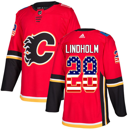 Adidas Flames #28 Elias Lindholm Red Home Authentic USA Flag Stitched Youth NHL Jersey